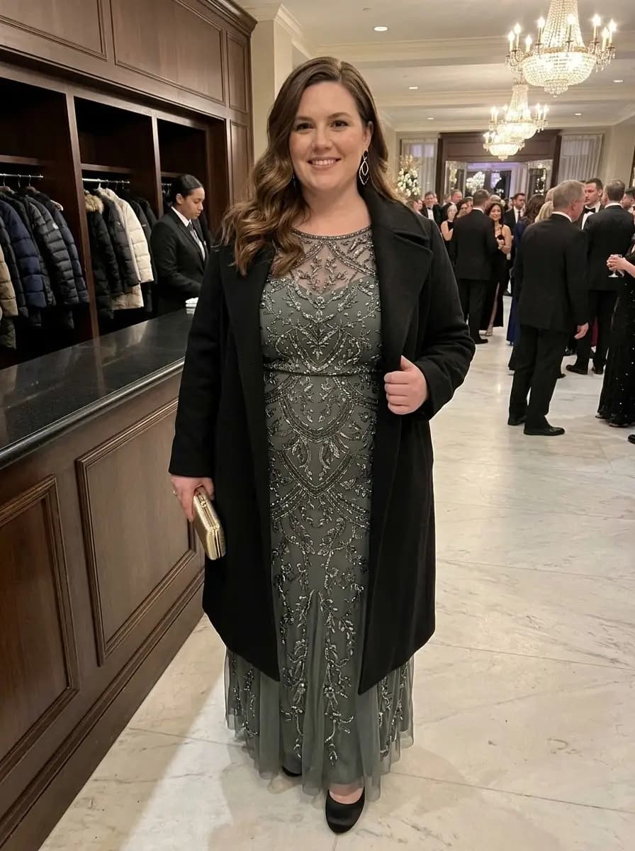 Intricately Beaded Grey Gown with Tailored Black Coat