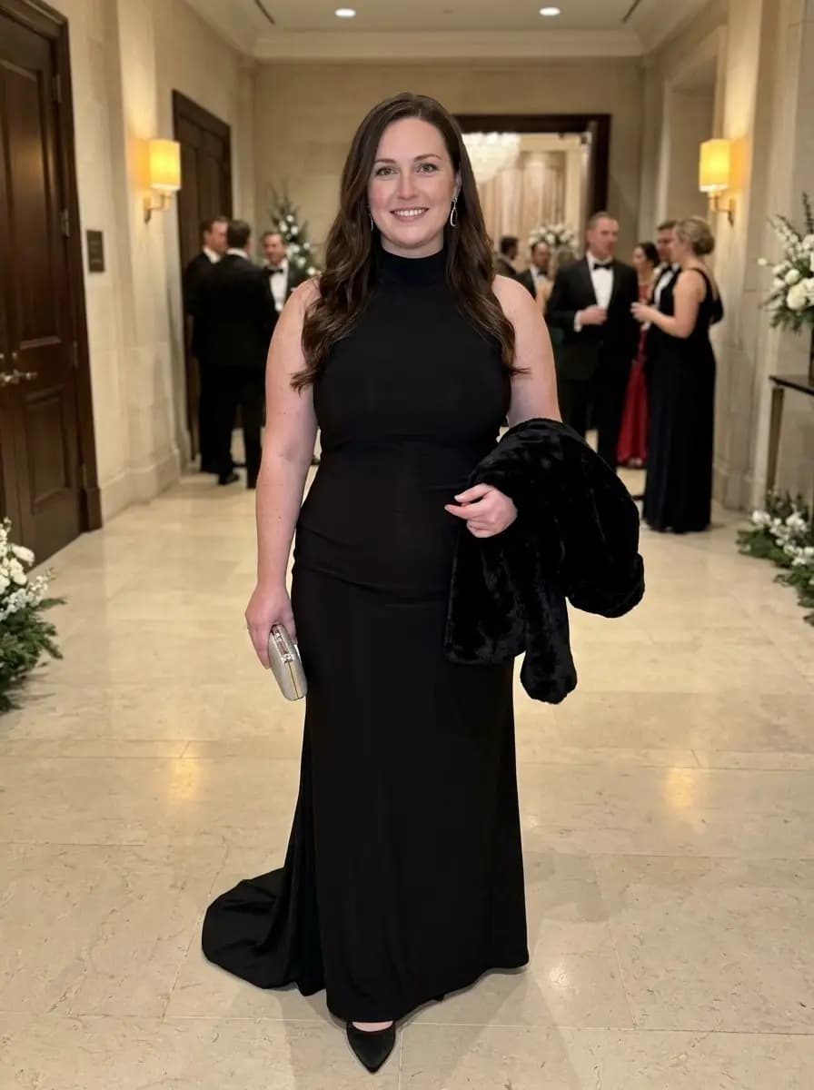 Minimalist Black High-Neck Column Gown with Faux-Fur Jacket