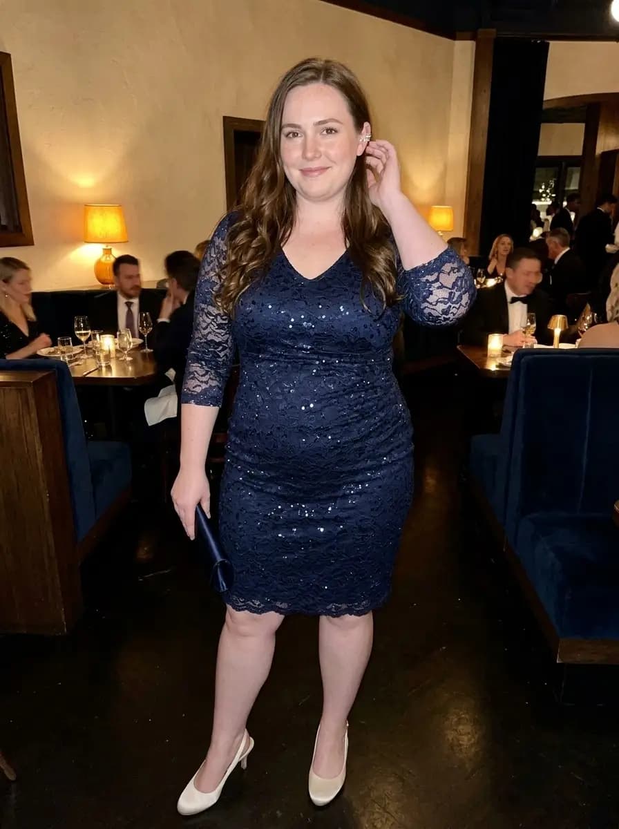 Navy Blue Sequin Lace Sheath Dress