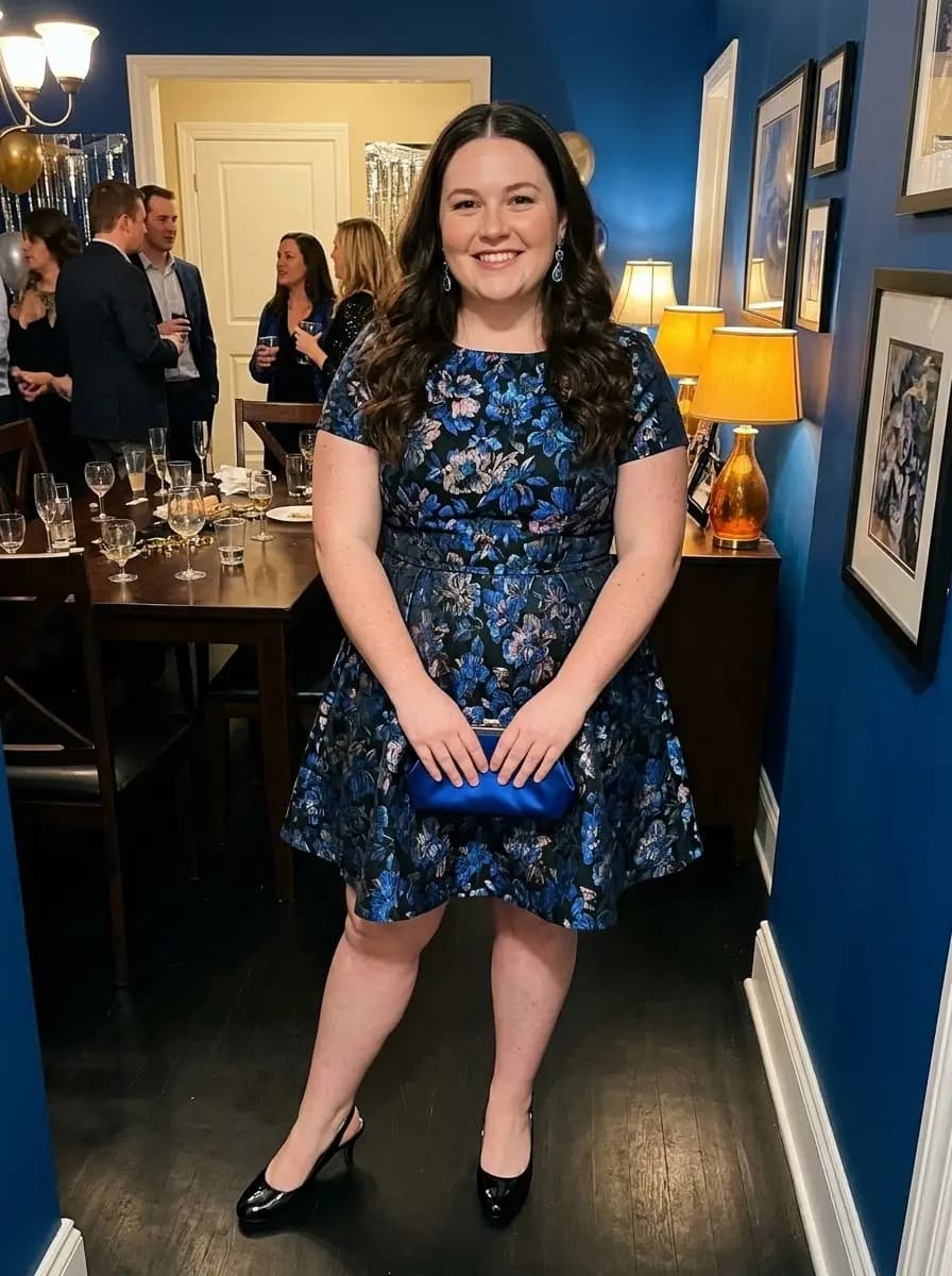 Blue Floral Jacquard Fit-and-Flare Dress