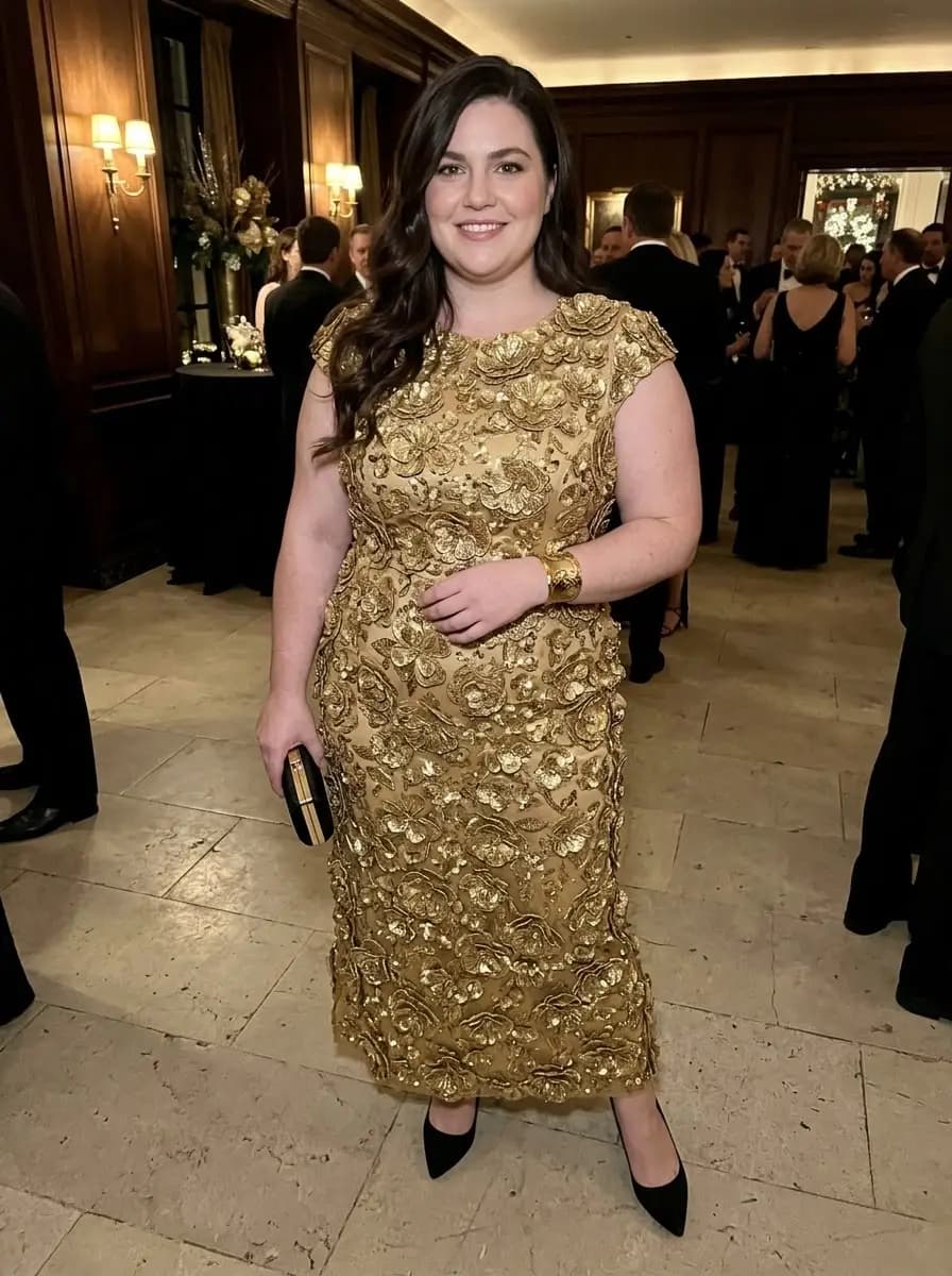 Gold Floral Embroidered Sequin Midi Dress