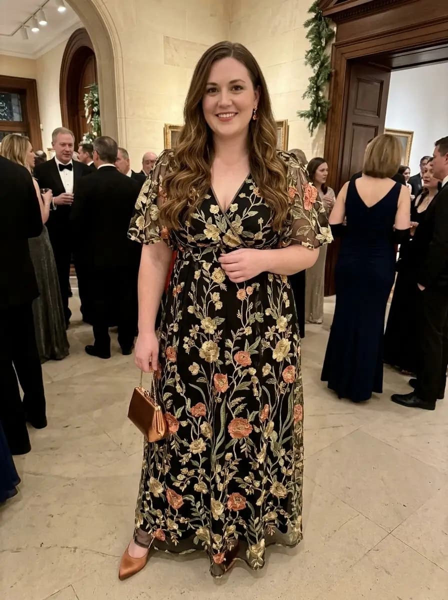 Black Mesh Gown with Metallic Floral Embroidery