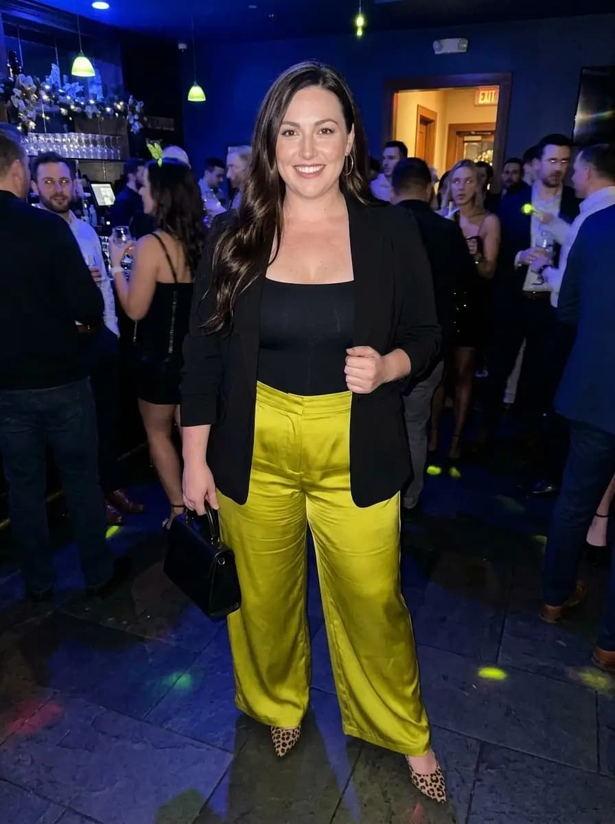 Lime Green Satin Trousers with Black Tailored Blazer