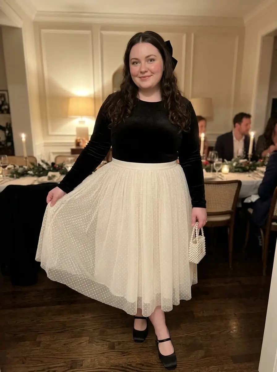 Black Velvet Long-Sleeve Top with Polka-Dot Tulle Skirt