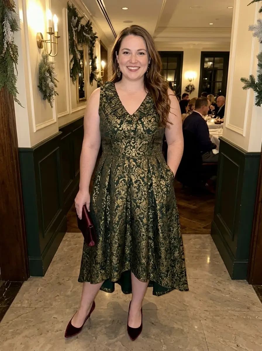 Forest Green and Gold Brocade High-Low Dress