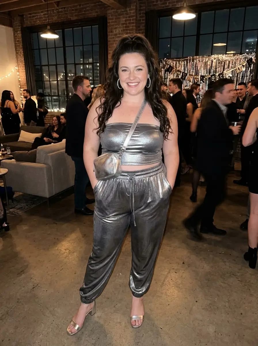 Silver Metallic Tube Top and Jogger Pants Matching Set