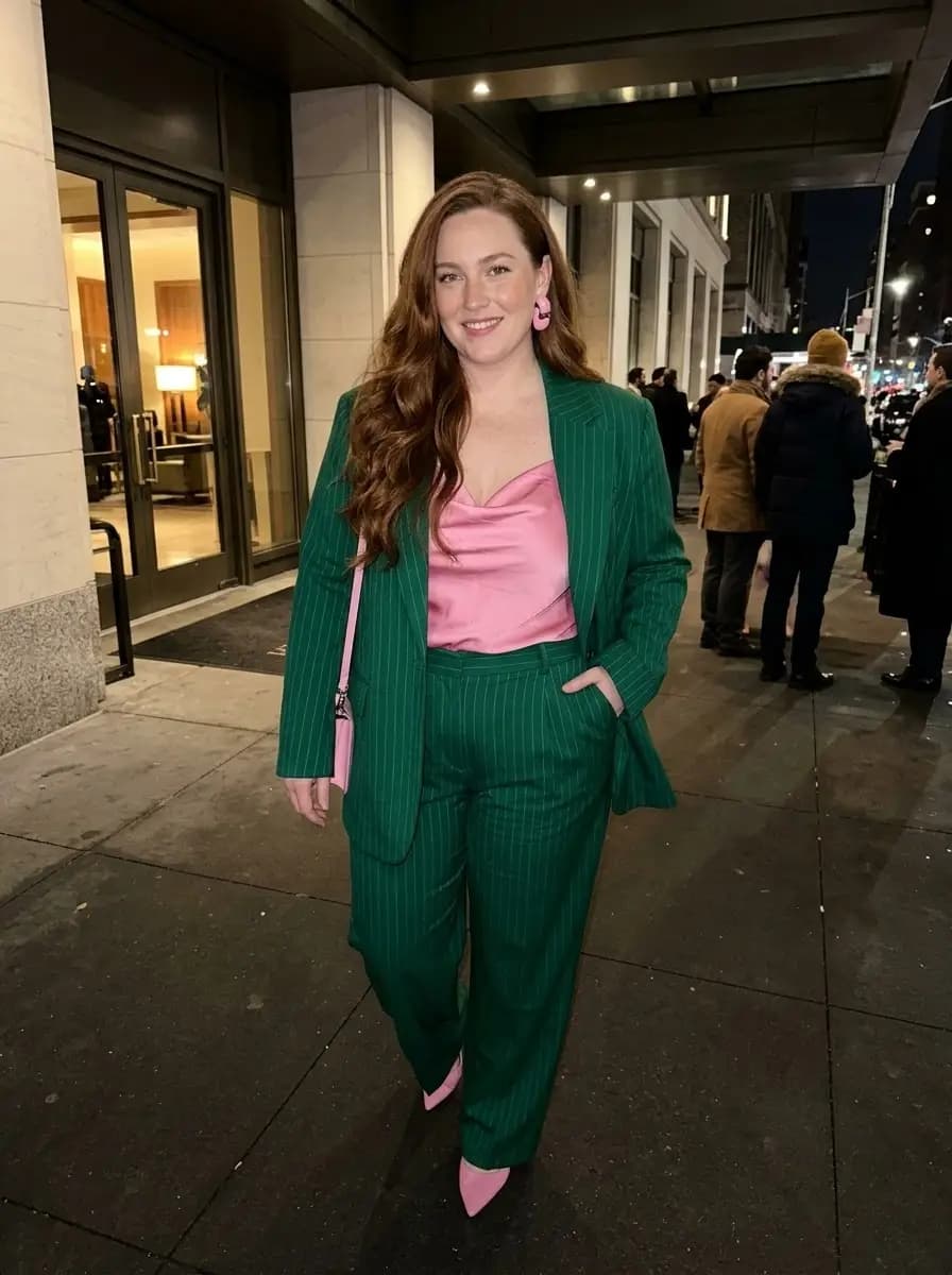 Green Pinstripe Suit with Pink Satin Cowl-Neck Camisole