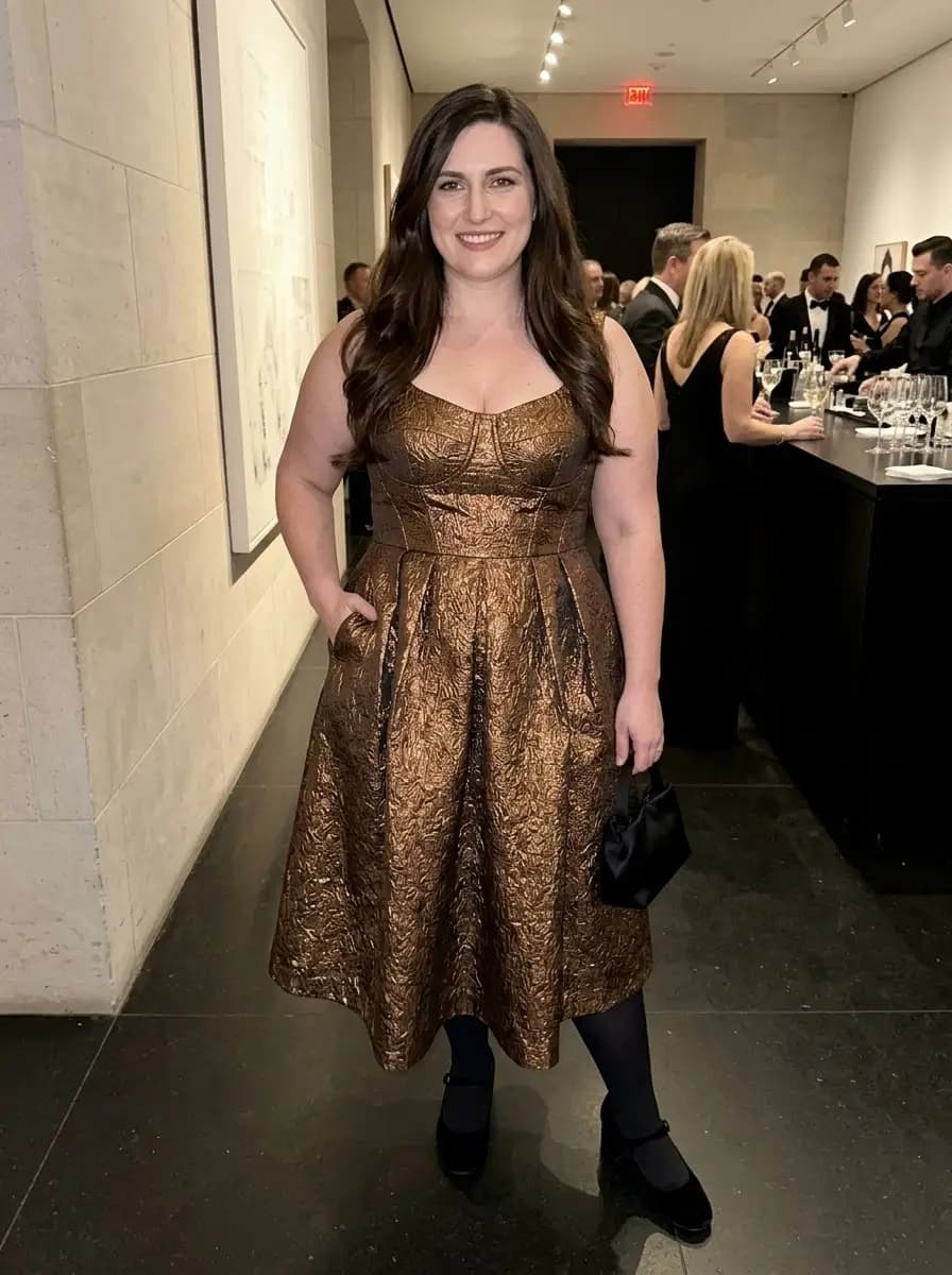 Bronze Brocade Sweetheart Midi Dress