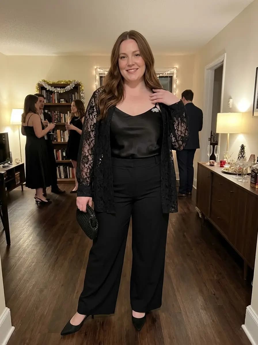 Black Lace Cardigan with Satin Camisole and Wide-Leg Trousers