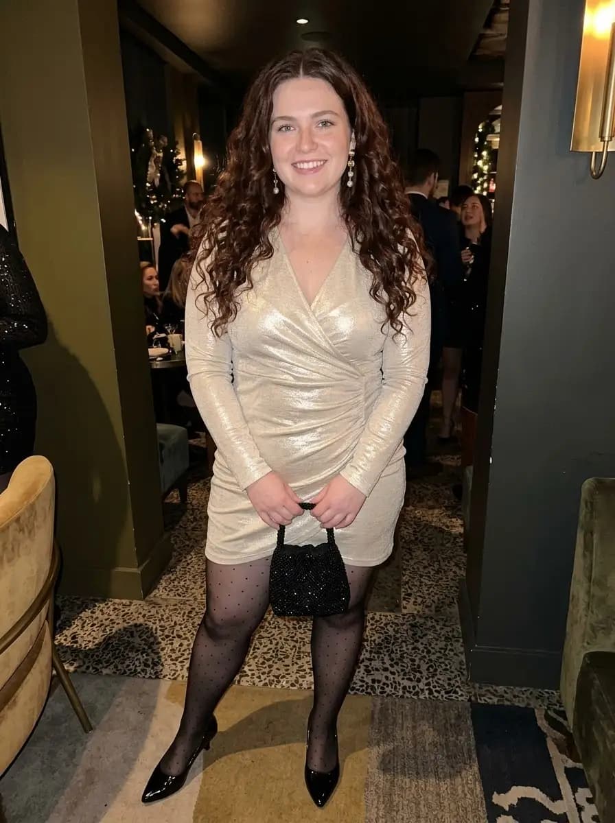 Champagne Gold Metallic Wrap Mini Dress with Dotted Tights