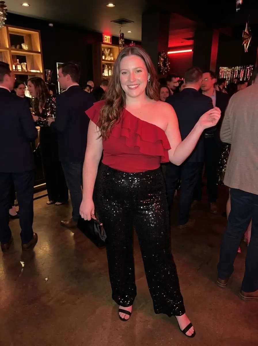 Red Ruffle One-Shoulder Top with Black Sequin Trousers