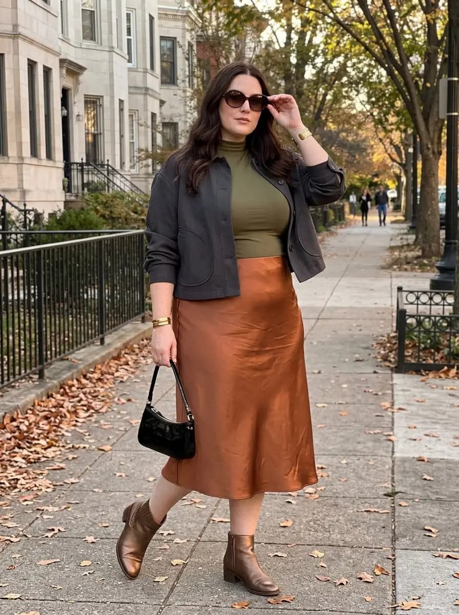 Olive Mock-Neck Top, Charcoal Cropped Jacket, and Bronze Satin Midi Skirt
