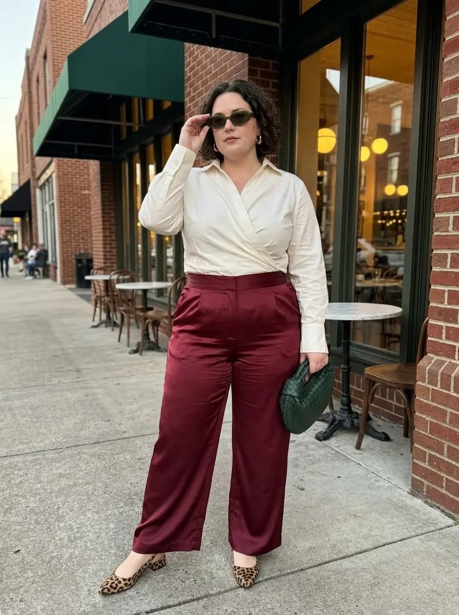 Cream Faux-Wrap Blouse with Burgundy Satin Wide-Leg Trousers