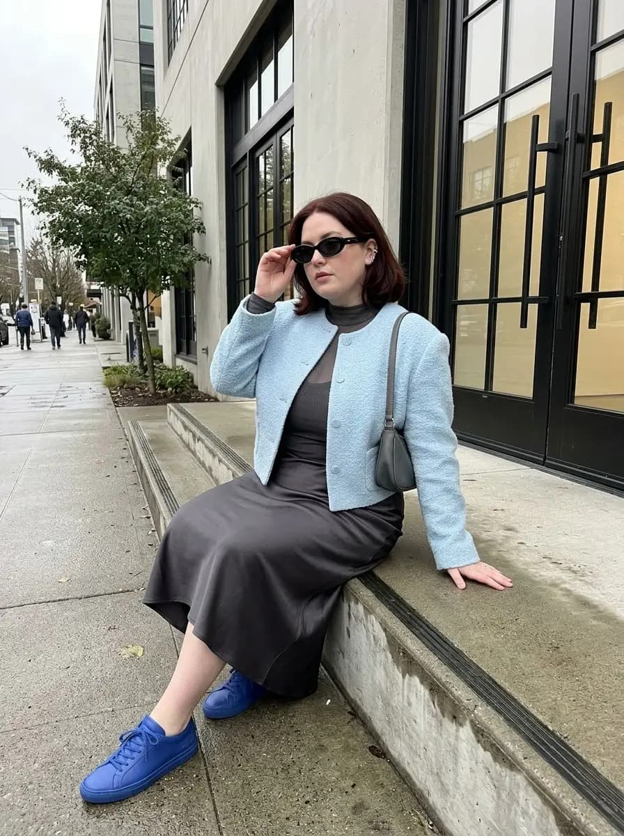 Grey Mock-Neck Midi Dress with Light Blue Bouclé Cropped Jacket