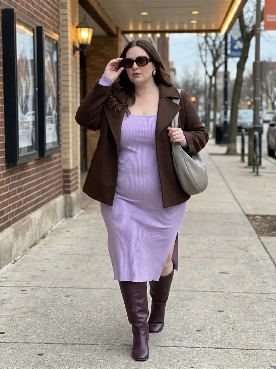Lavender Ribbed-Knit Midi Dress with Brown Cropped Jacket