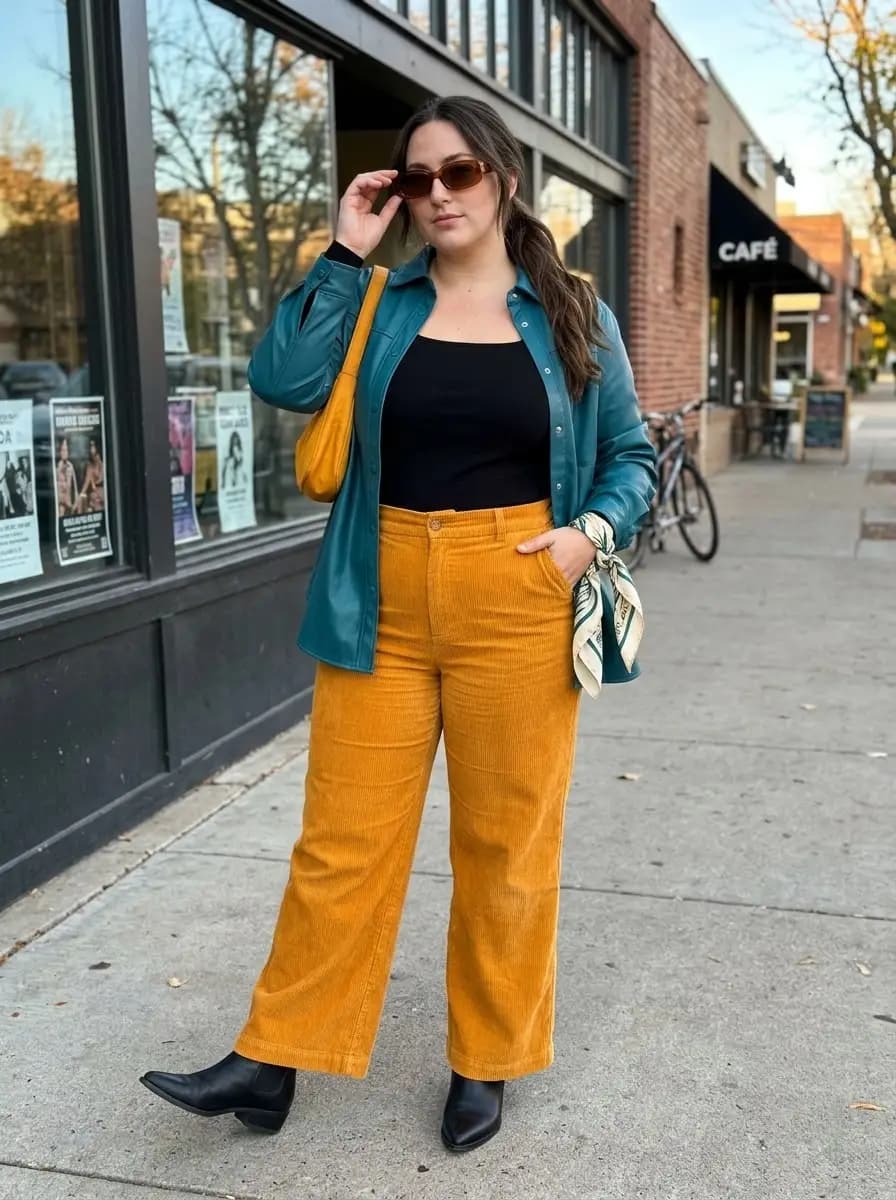 Black Long-Sleeve Top, Teal Shirt Jacket, and Mustard Corduroy Pants