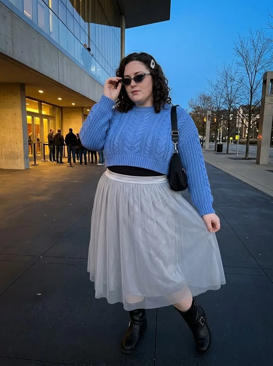 Black Bodysuit, Blue Cable-Knit Sweater, and Grey Tulle Midi Skirt