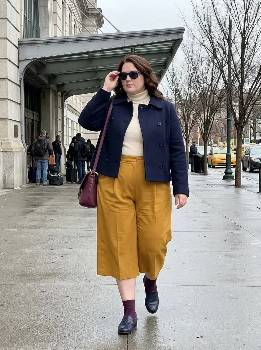 Cream Turtleneck, Navy Cropped Jacket, and Mustard Culottes