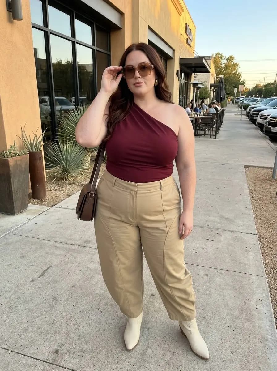 Maroon One-Shoulder Top with Khaki High-Waisted Trousers