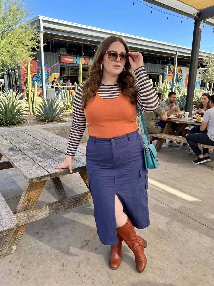 Striped Long-Sleeve Top, Orange Cami, and Navy Cargo Skirt