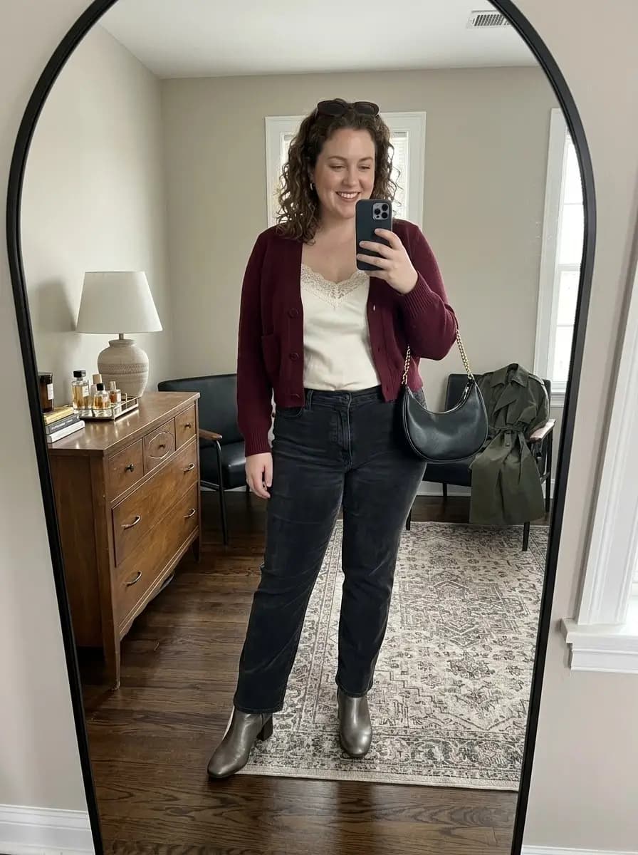 Cream Lace-Trim Cami, Burgundy Cardigan, and Charcoal Straight-Leg Jeans