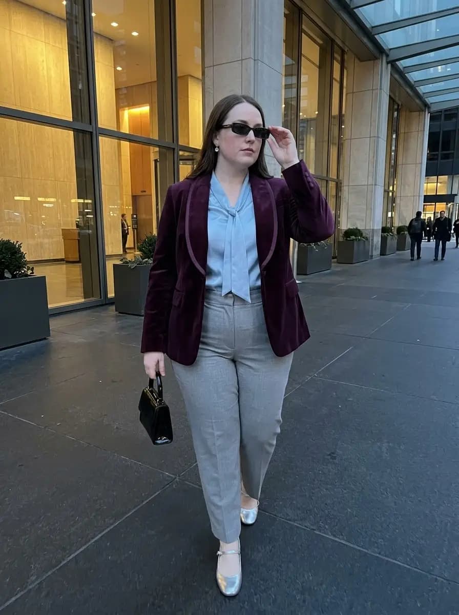 Light Blue Blouse, Purple Velvet Blazer, and Grey Tailored Trousers