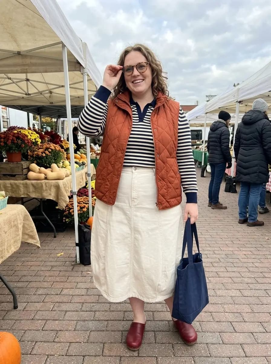 Striped Long-Sleeve Polo, Orange Puffer Vest, and Cream Denim Midi Skirt
