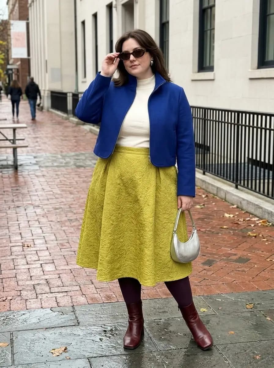 Cream Mock-Neck Top, Blue Cropped Jacket, and Olive Textured Midi Skirt