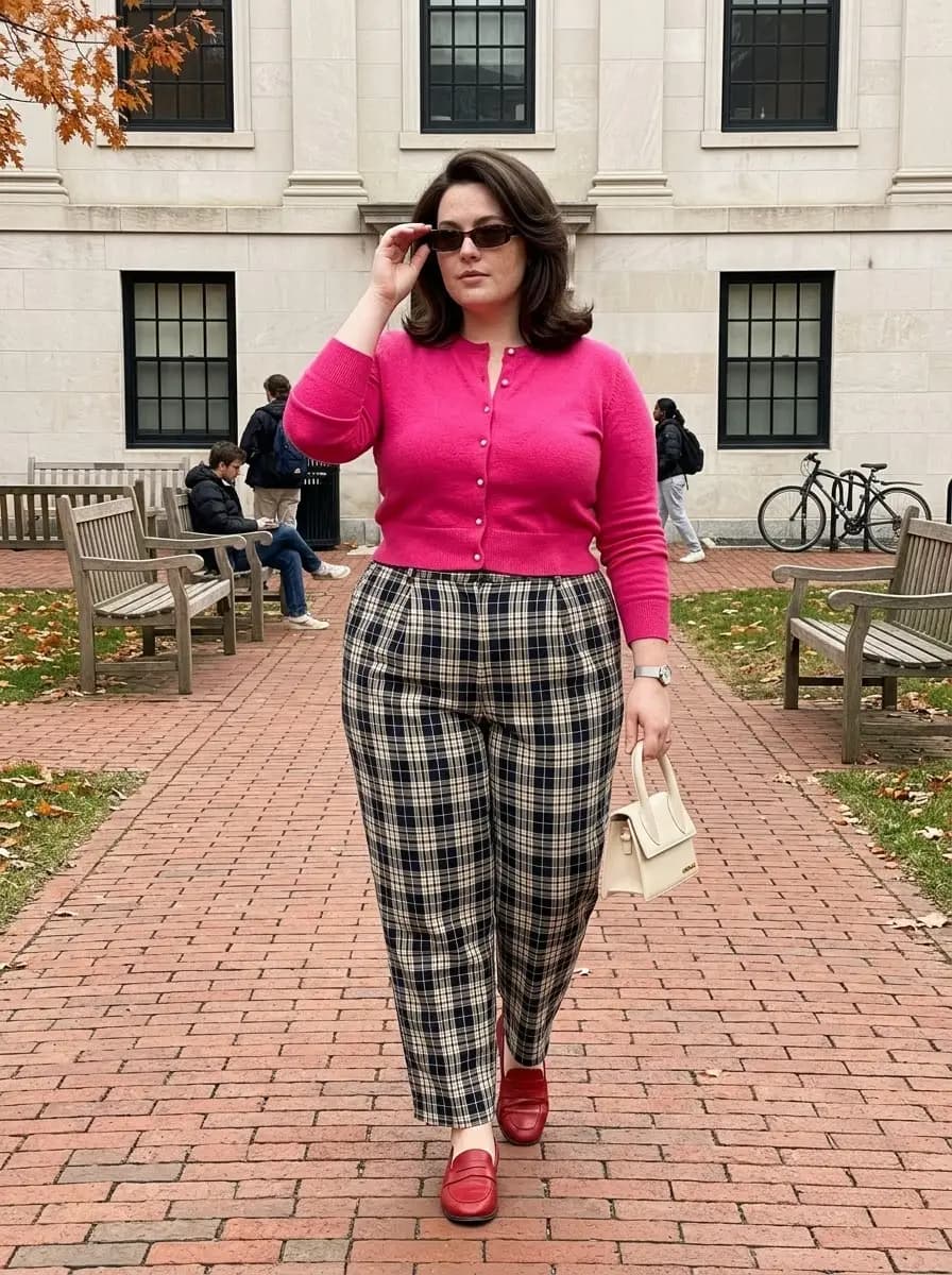 Hot-Pink Button-Up Cardigan with Plaid Straight-Leg Pants