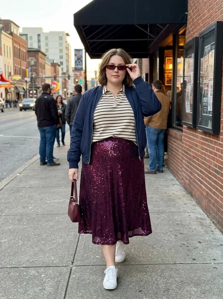 Navy Bomber Jacket, Striped Top, and Purple Sequin Midi Skirt