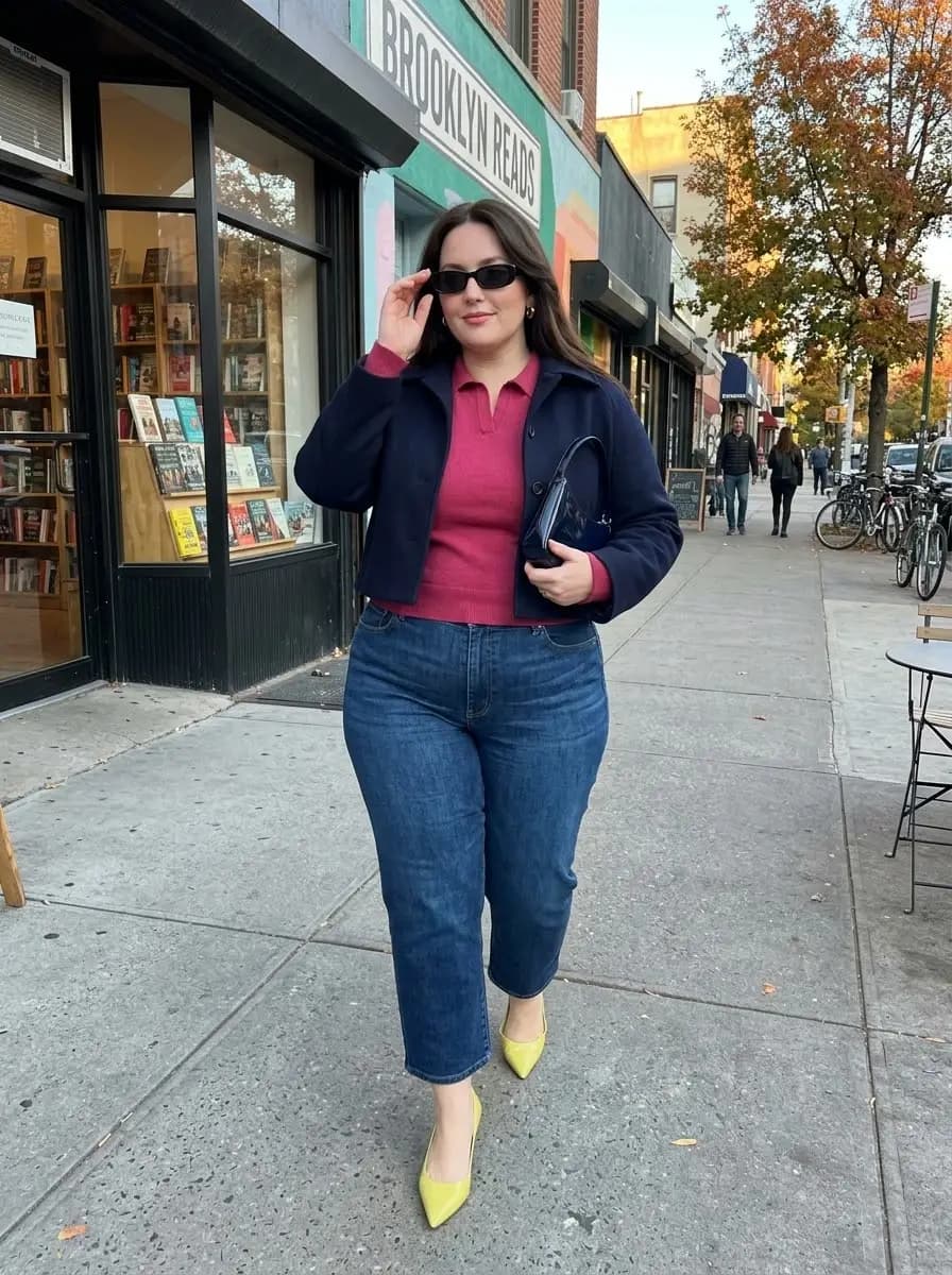 Navy Cropped Jacket, Burgundy Polo-Neck Top, and Dark-Wash Straight-Leg Jeans