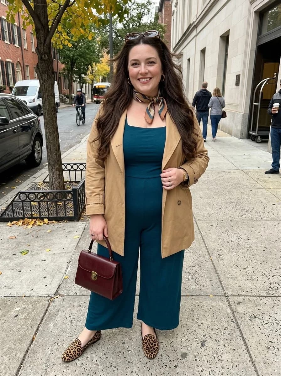 Teal Jumpsuit with a Classic Tan Trench