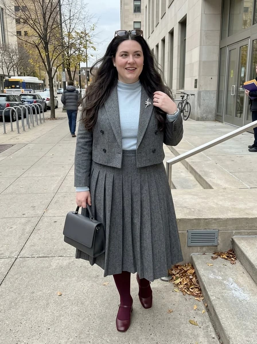 Grey Cropped Blazer with a Pleated Midi Skirt