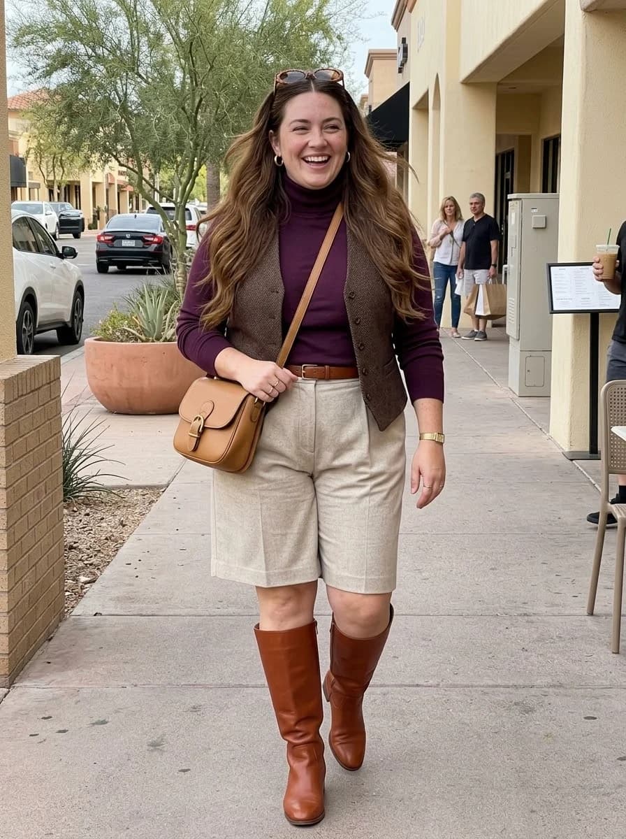 Plum Turtleneck with Tweed Vest and Bermuda Shorts
