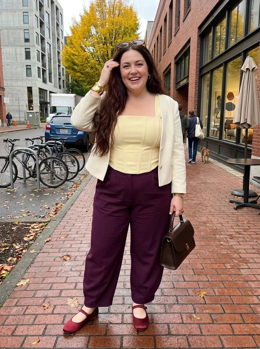 Cream Cropped Blazer with Plum Trousers