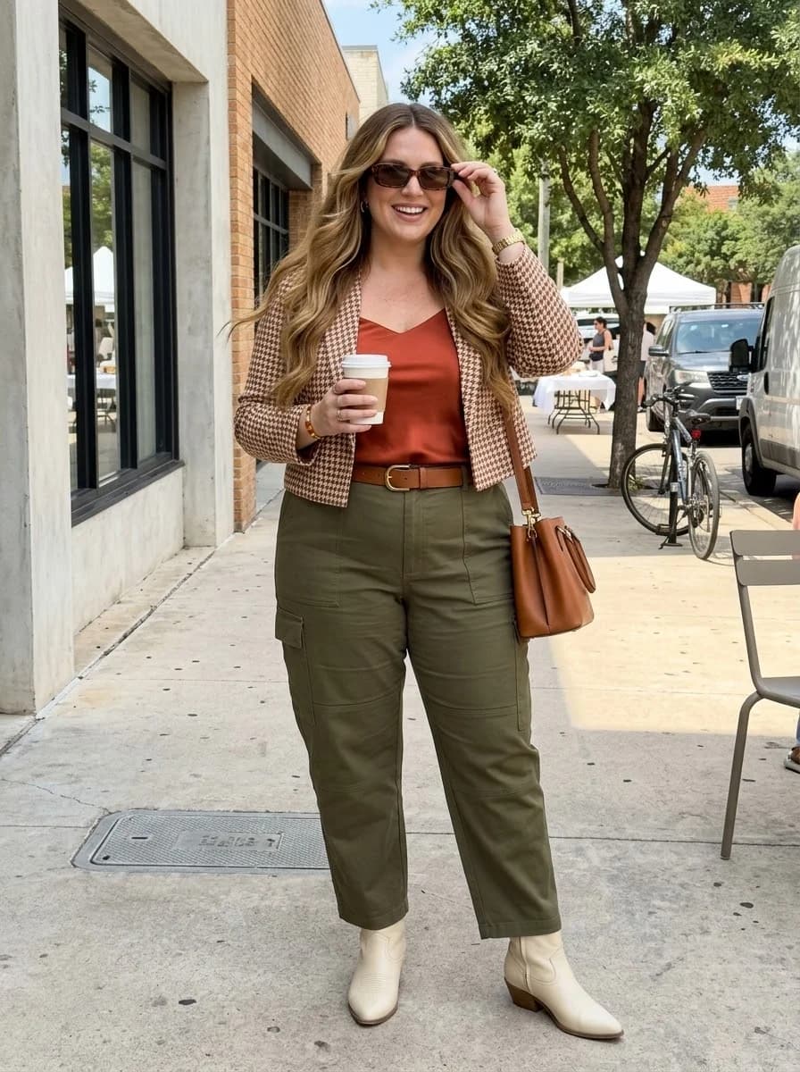 Rust Satin Camisole with Olive Utility Trousers