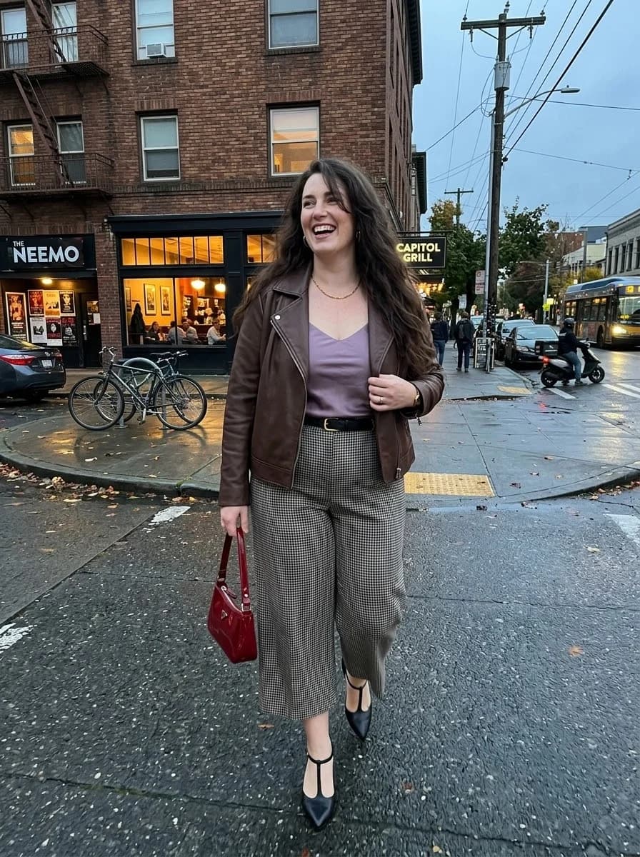 Brown Leather Jacket with Checked Cropped Trousers