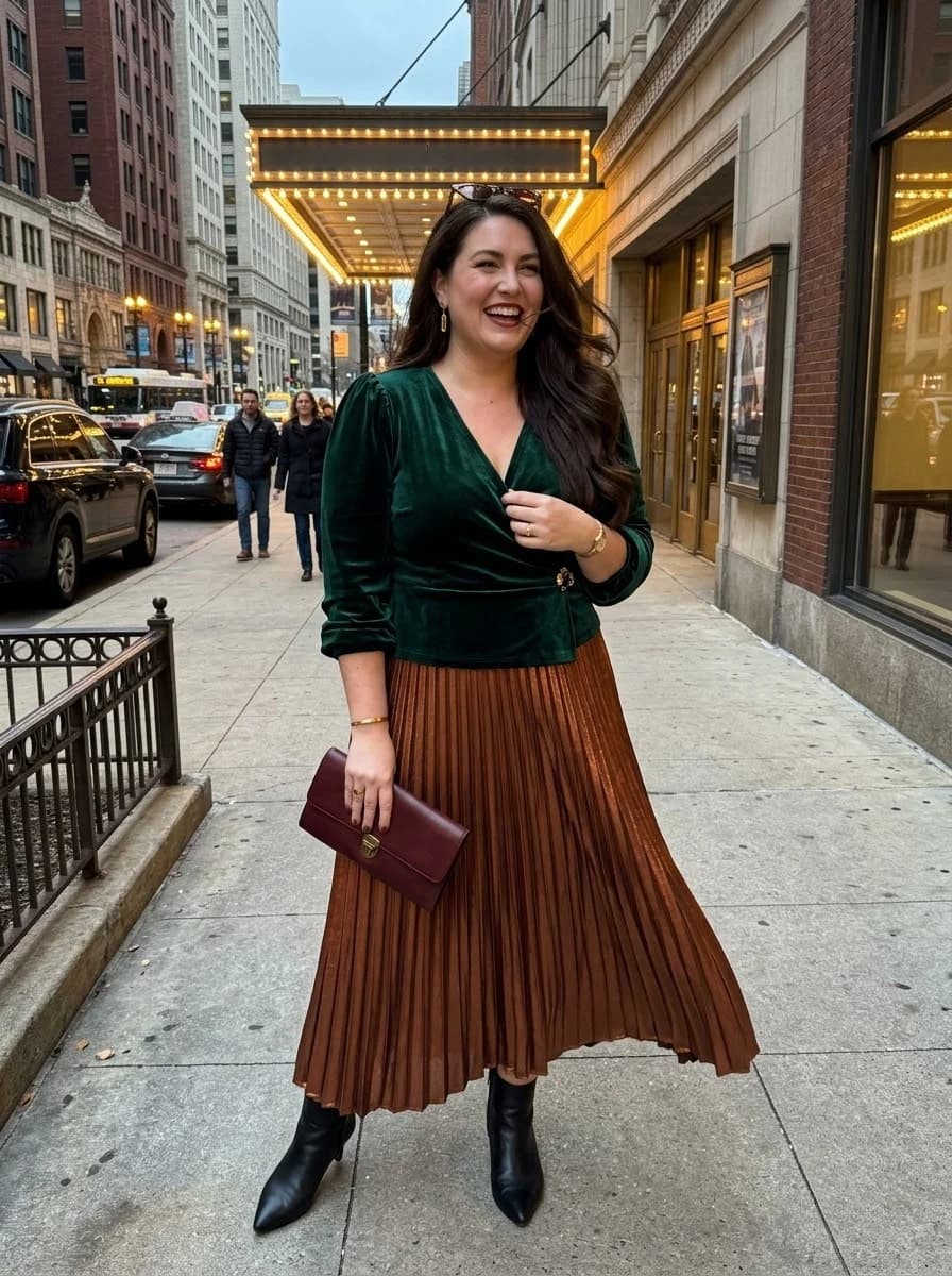 Emerald Velvet Top with a Bronze Pleated Skirt