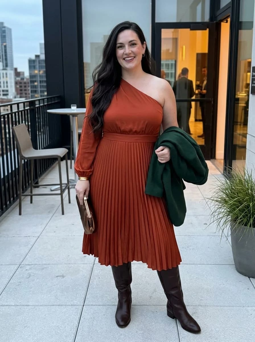 Rust One-Shoulder Pleated Midi Dress