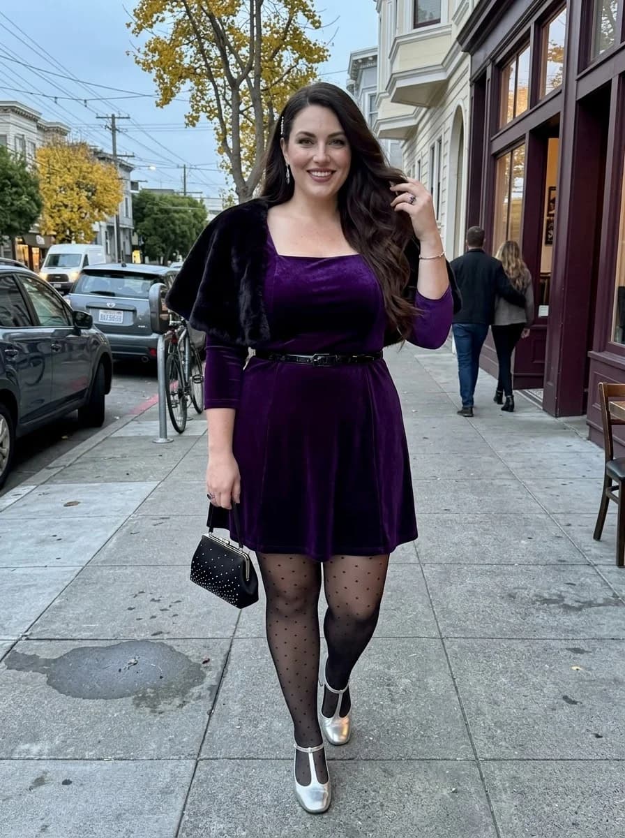Purple Velvet Mini Dress with a Faux-Fur Shrug