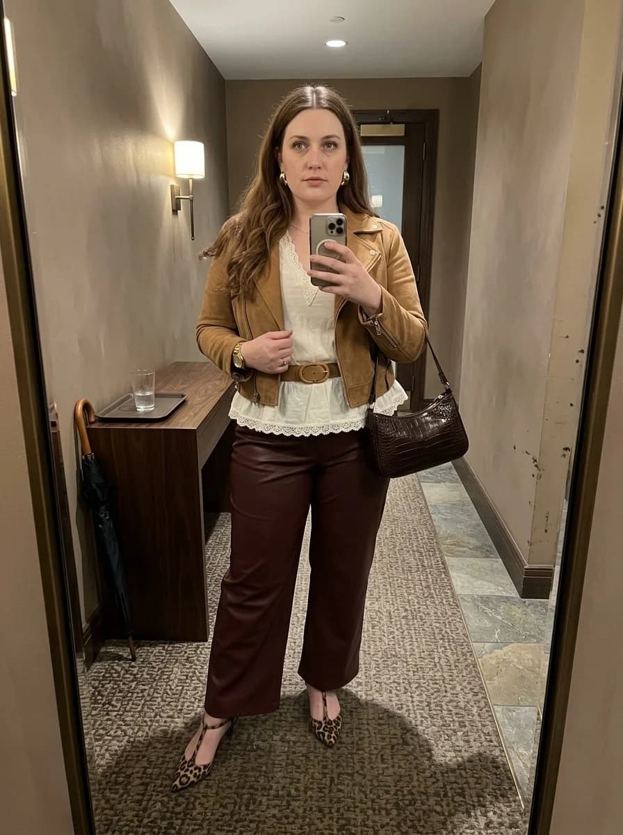 Tan Moto Jacket with a White Lace Blouse and Brown Leather Trousers