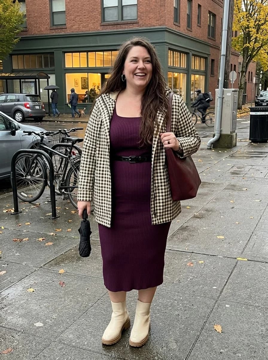 Plum Ribbed Midi Dress with a Checked Jacket