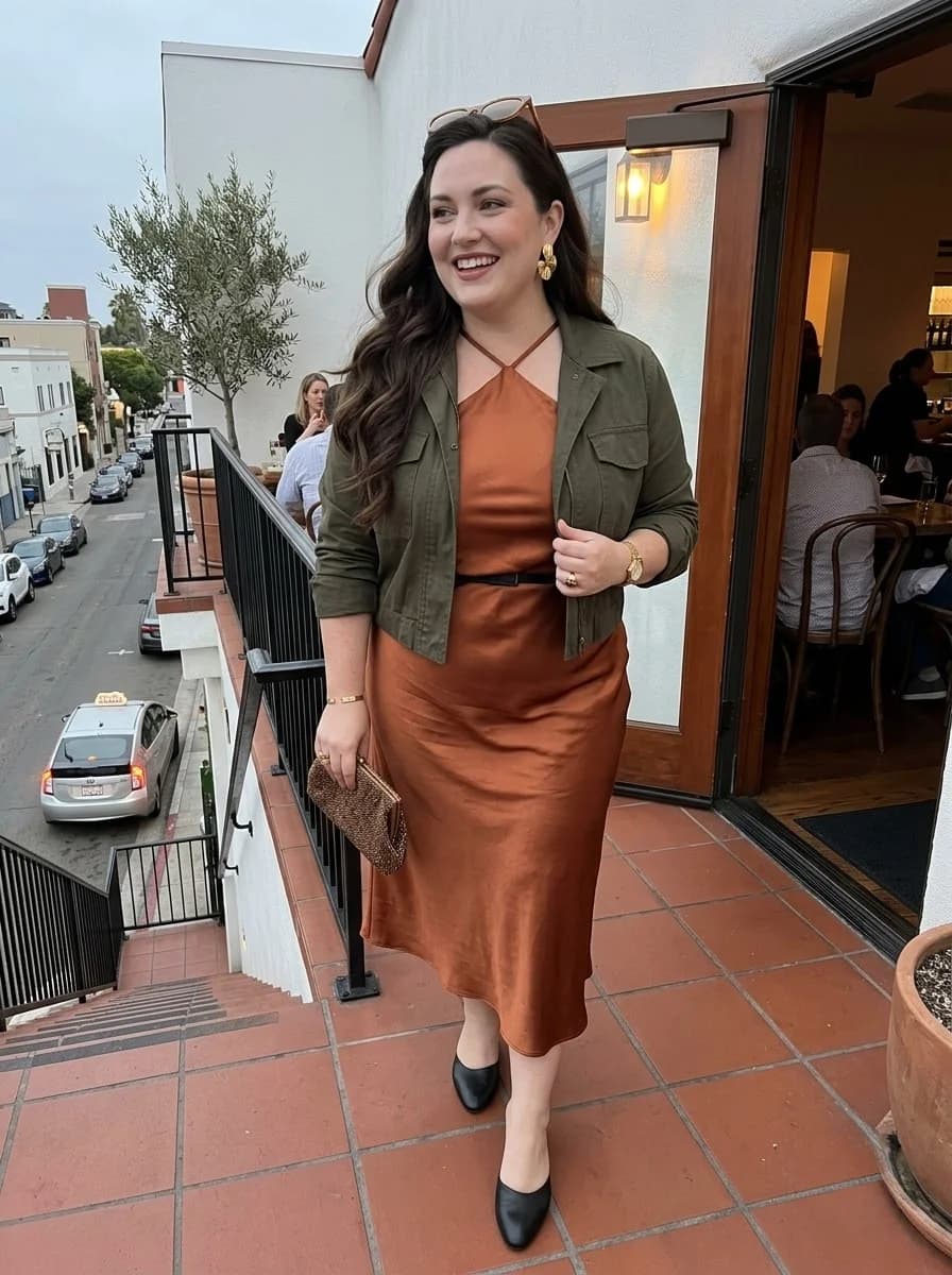 Copper Satin Midi Dress with an Olive Utility Jacket