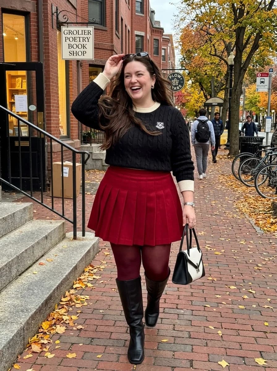 Black Cable-Knit Sweater with a Red Pleated Mini Skirt