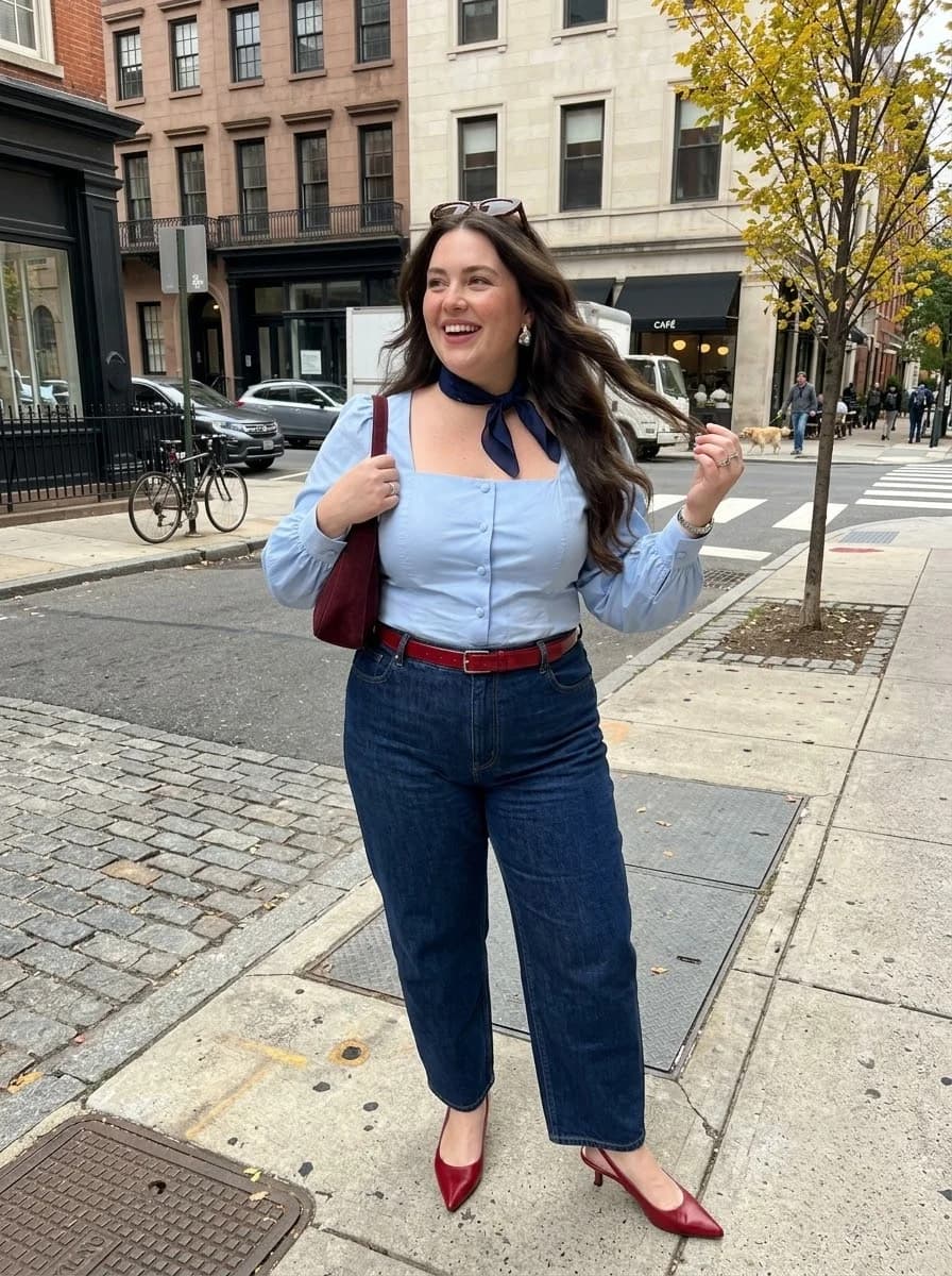 Powder Blue Blouse with Jeans and Red Accessories