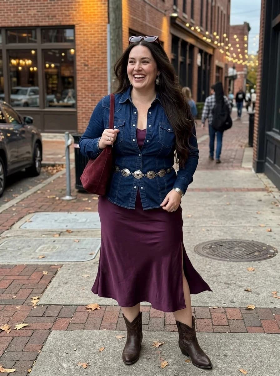 Denim Shirt Layered Over a Burgundy Satin Midi Dress