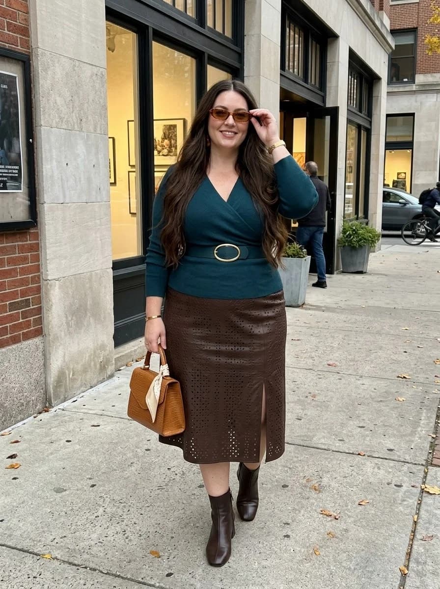 Teal Wrap Knit with a Brown Midi Skirt