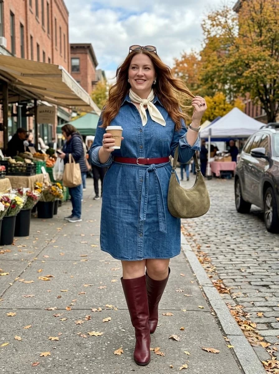 Belted Denim Shirtdress with Burgundy Boots