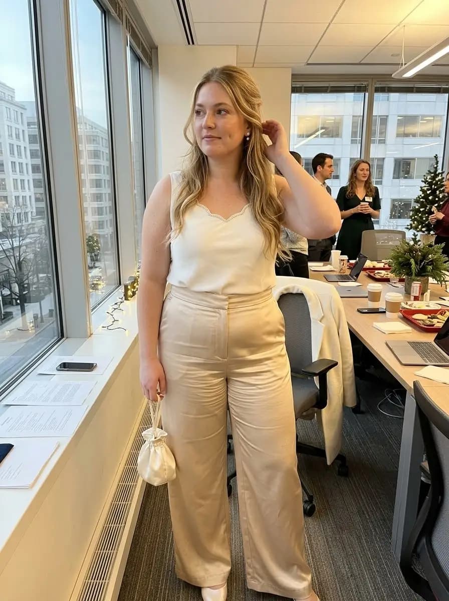 Cream Beaded Cami with Champagne Wide-Leg Pants