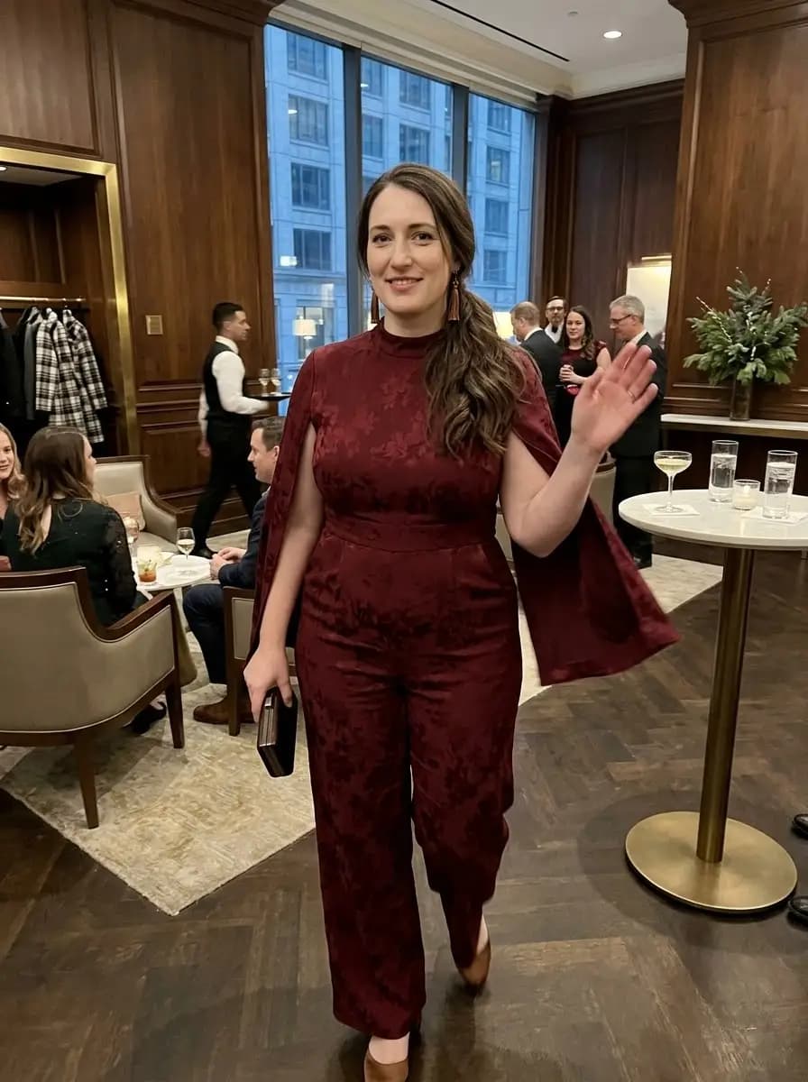 Burgundy Brocade Jumpsuit with Cape Sleeves
